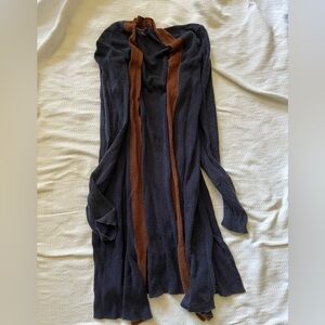 Eileen Fisher Petite Small Navy Cardigan with Brown Trim